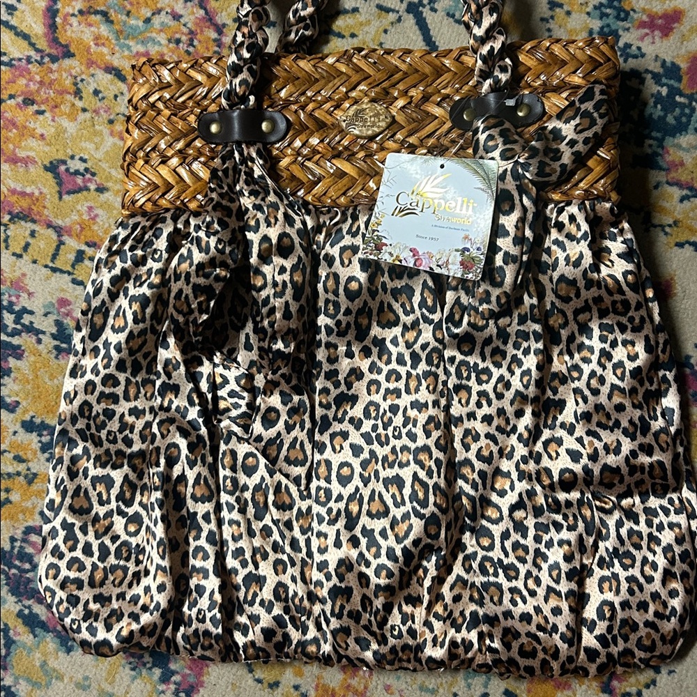 NWT Cappelli Straworld‎ Satin  Leopard Print Woven-Top Tote Bag - Brown